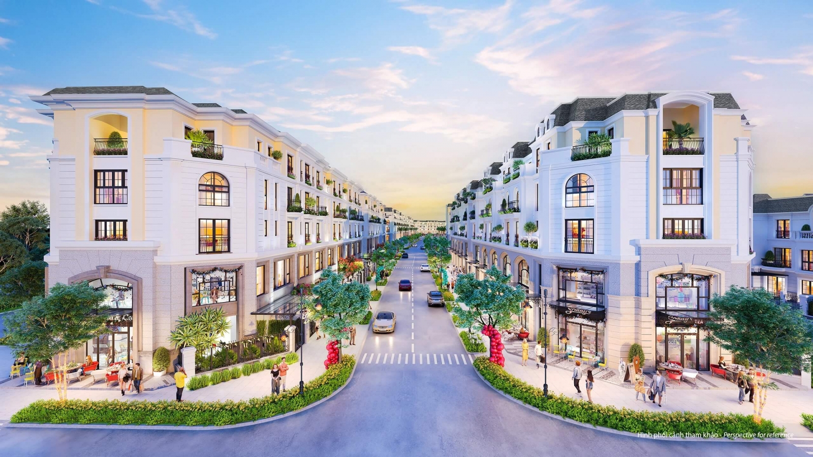 Phối cảnh nhà thấp tầng kiểu Shophouse, có thiết kế 2 mặt thoáng, 2 mặt tiền đường.